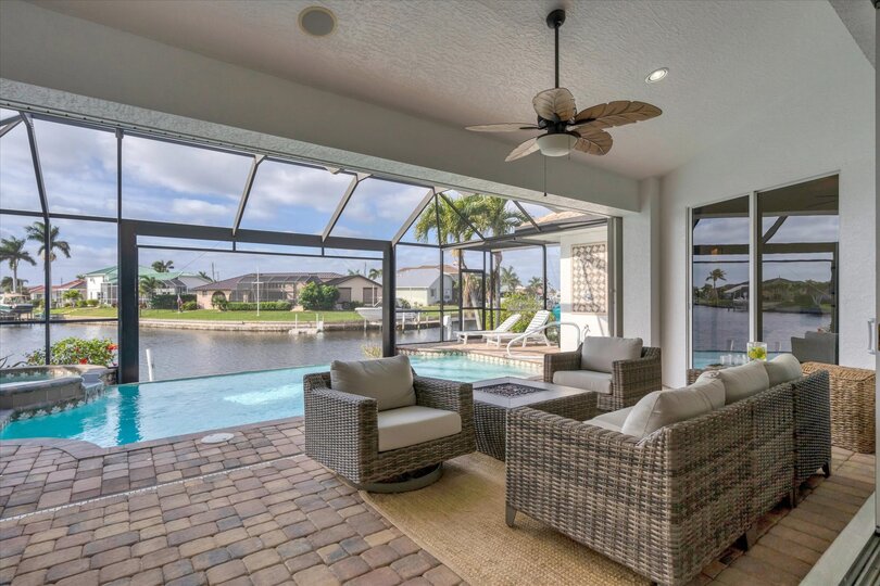 Patio area has a propane fire pit