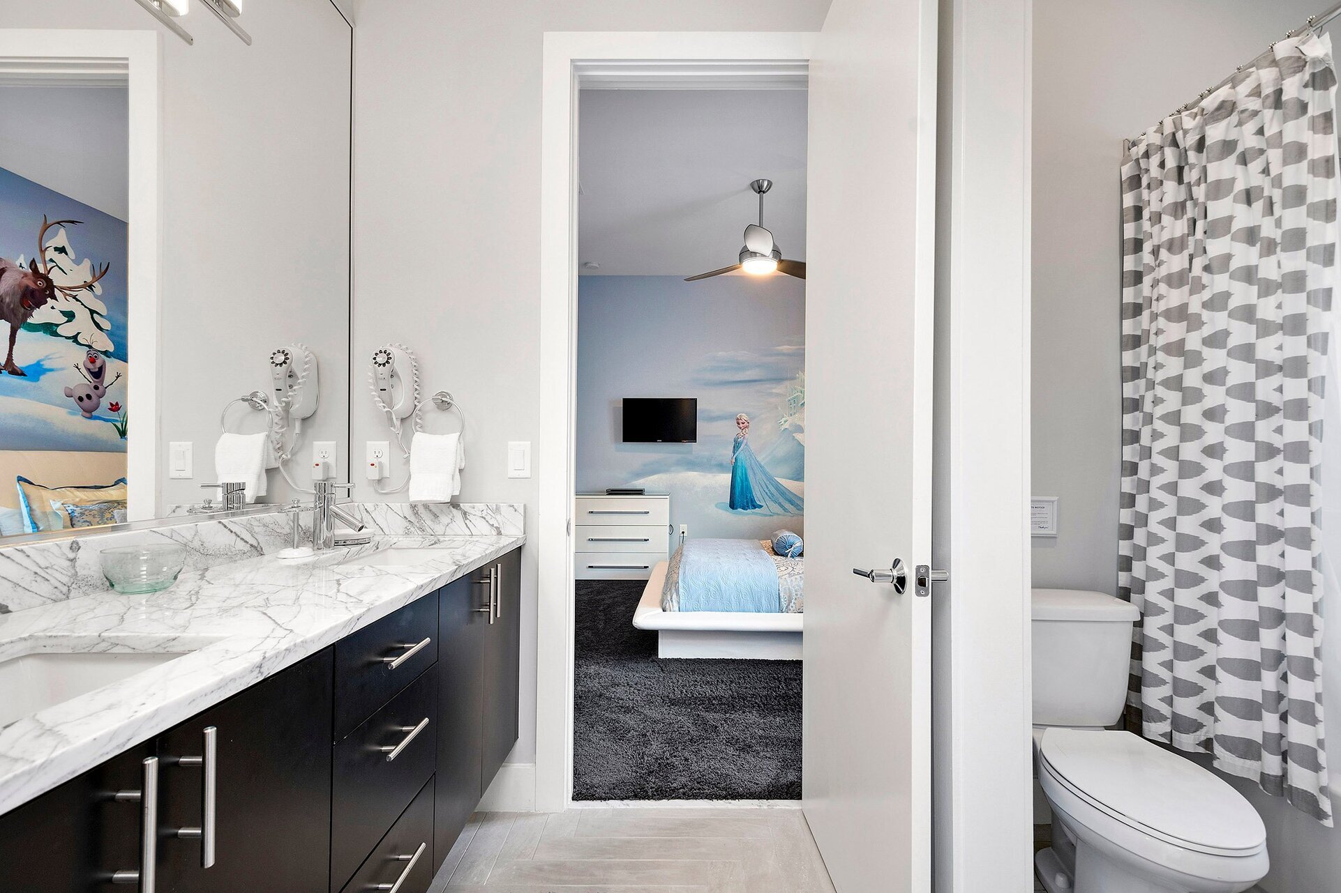 Bedroom 4 and 5 will share a full bathroom with marble dual vanity and shower/tub combo