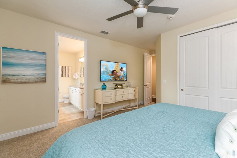 Enjoy the beach-themed bedroom, complete with a SMART TV