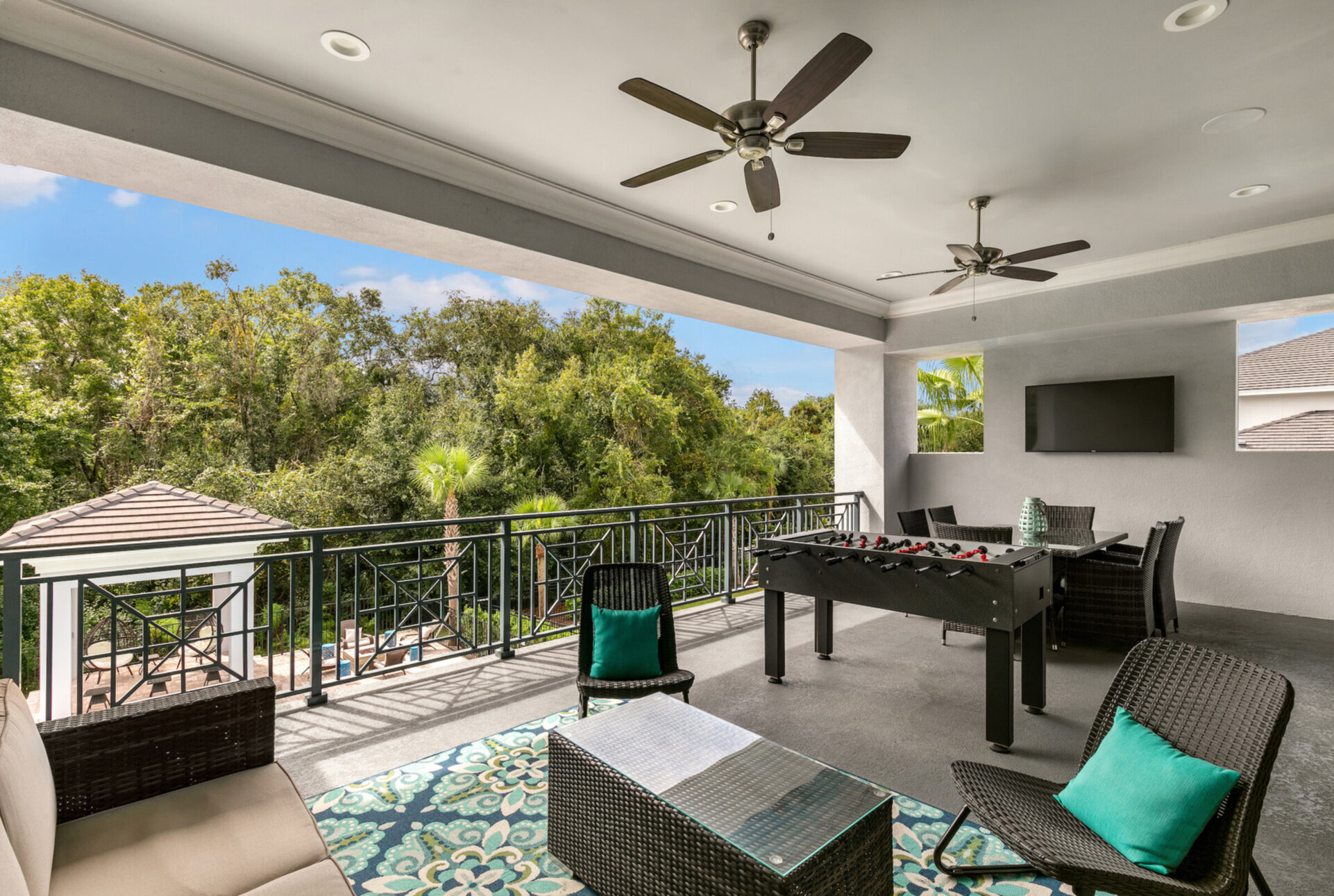 Enjoy drinks on the balcony play some foosball