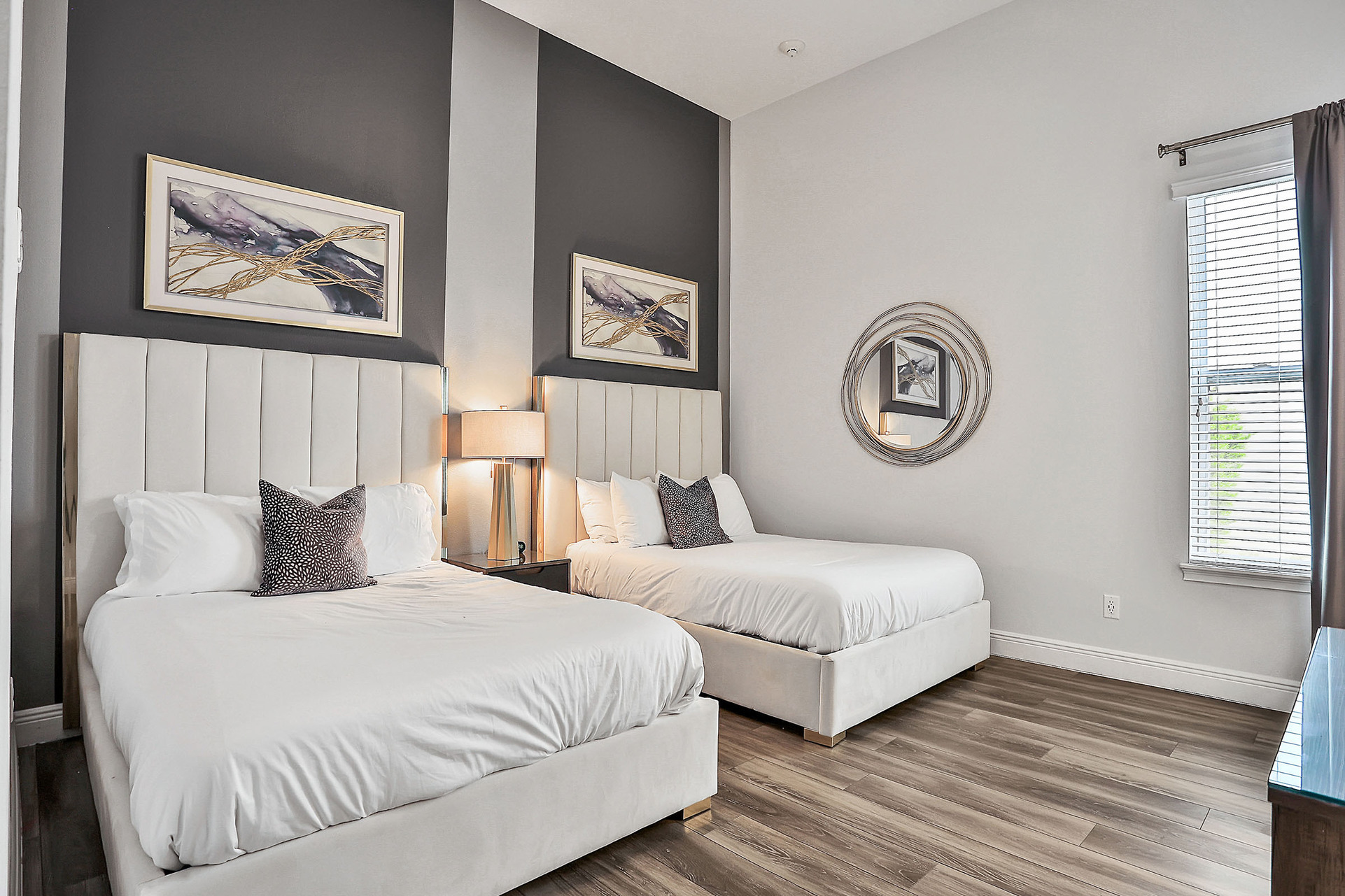 Lounge in this bedroom with 2 full-size beds
