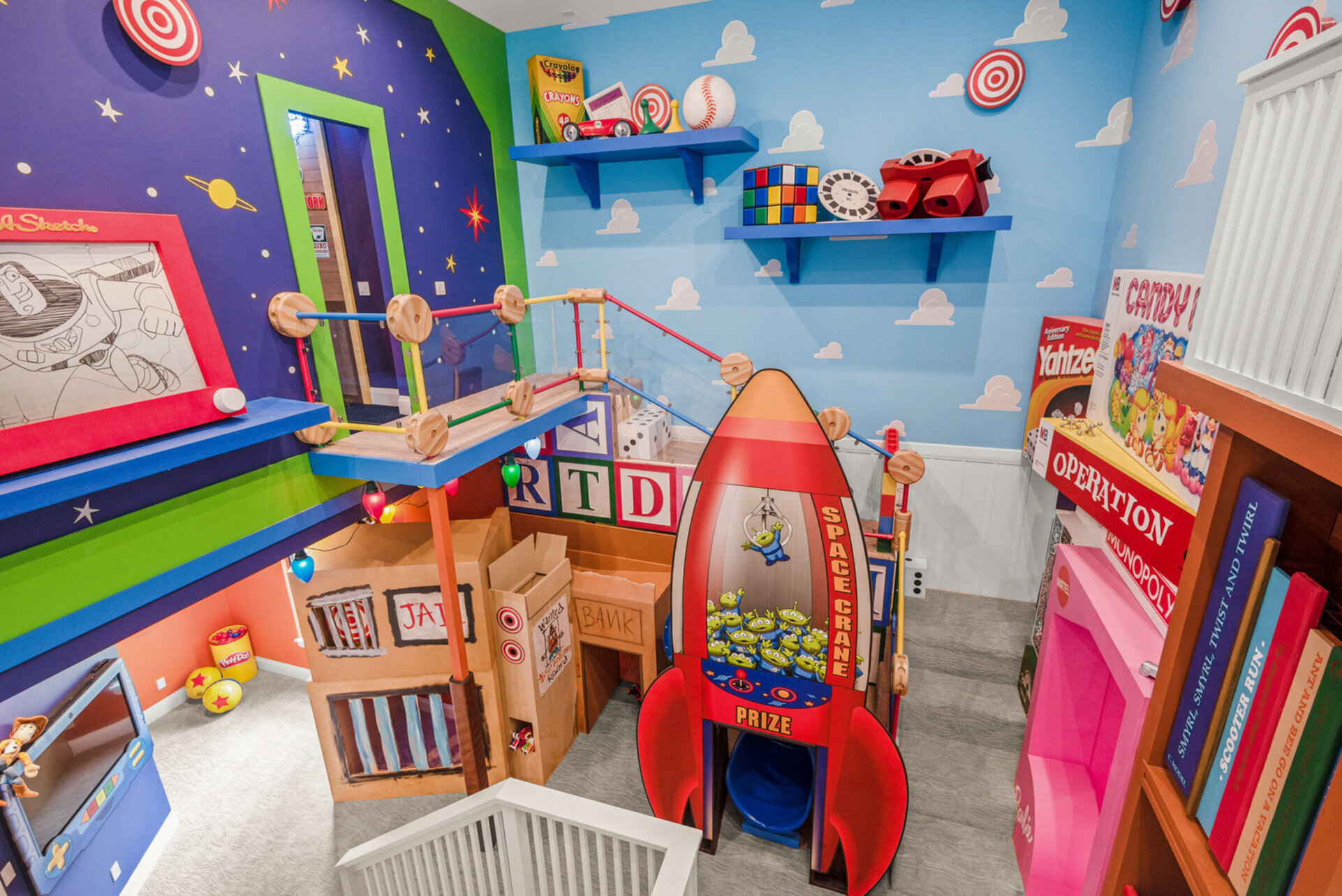 Slide into non-stop fun in the two-story Toy-Land themed playroom