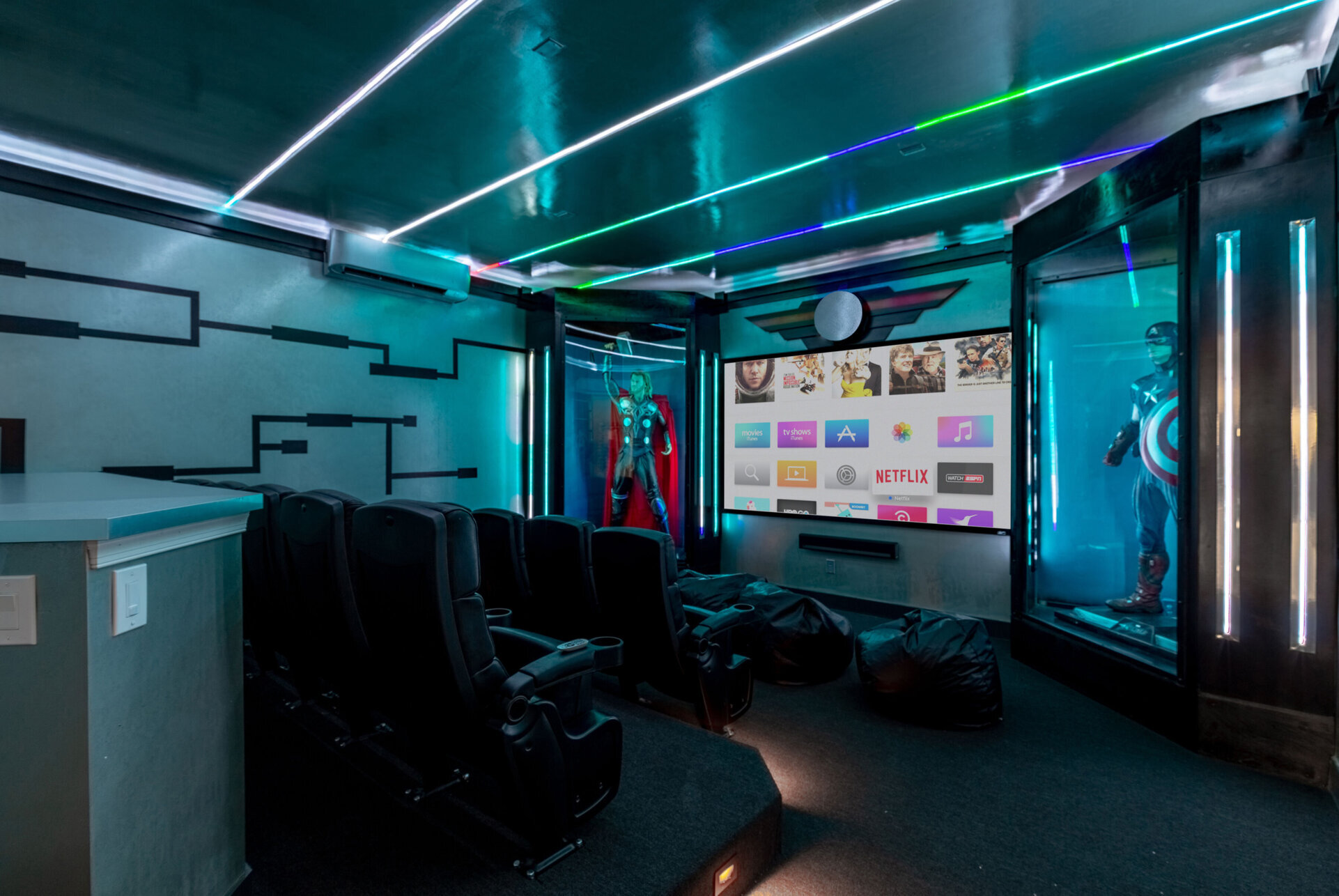 A private home movie theater downstairs has everything you need for a super movie night