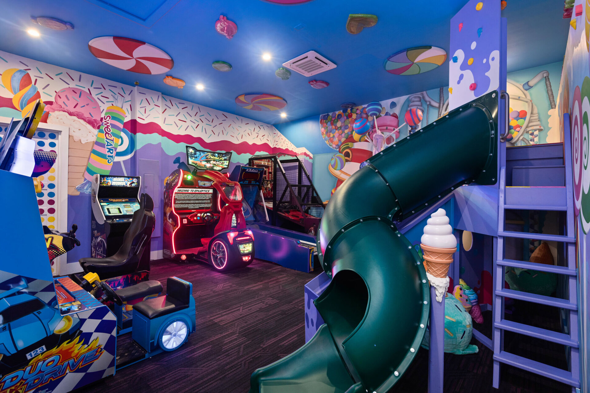 Head into your own private kids club full of the latest and greatest arcade games and a fun kids activity area with spiral slides