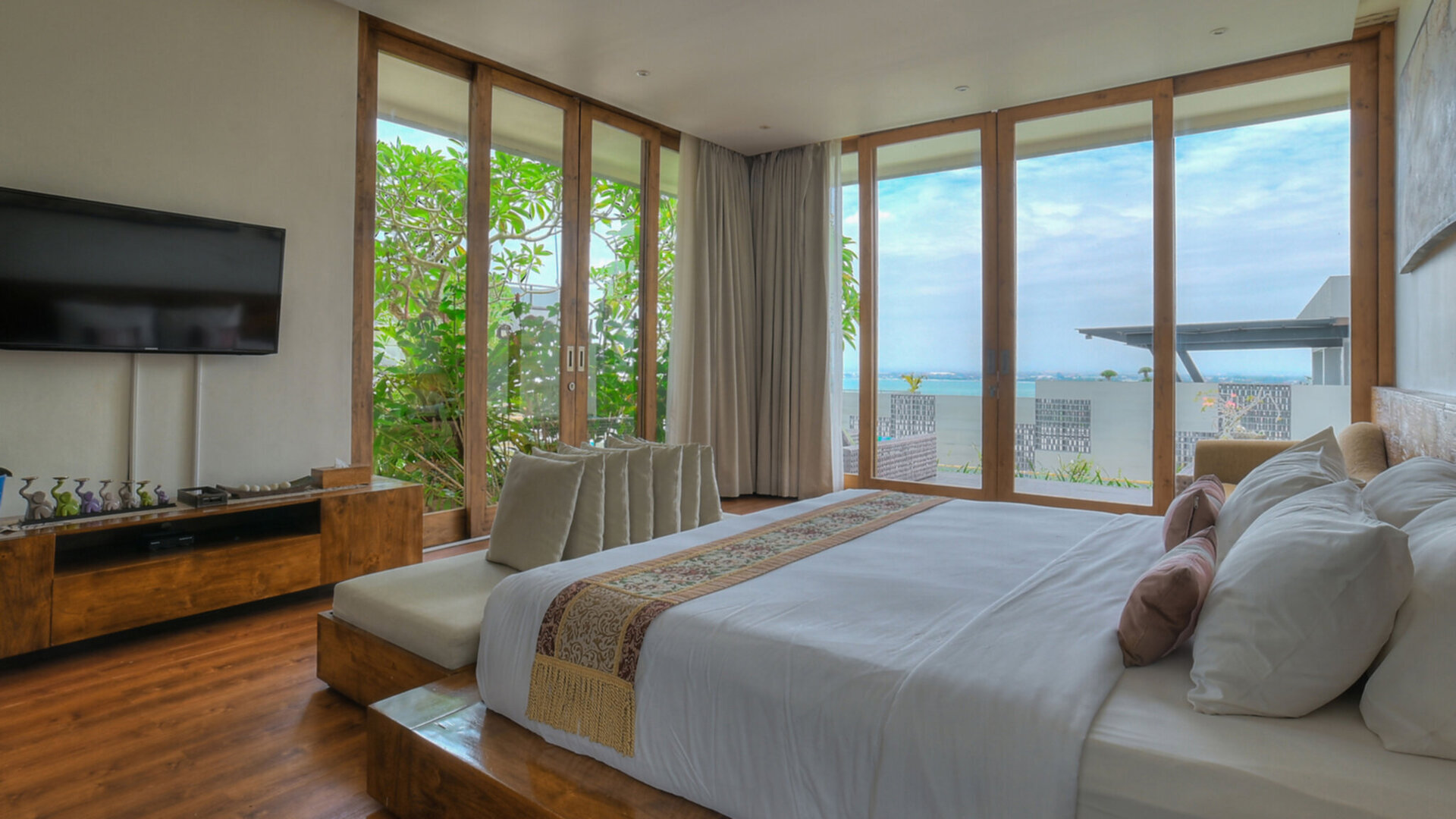 Restful poolside guest bedroom