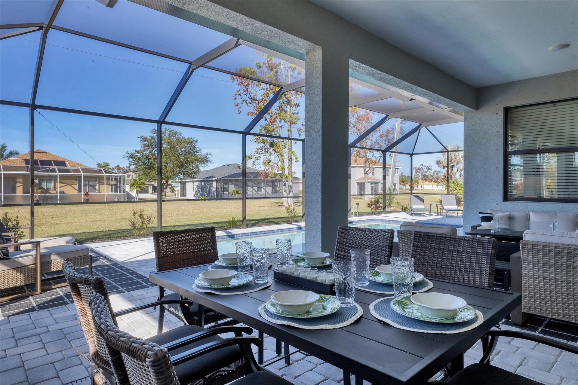 Spacious lanai with private pool. Lanai also features a table top fire pit, outdoor kitchen, sun loungers and dining table that seats 6
