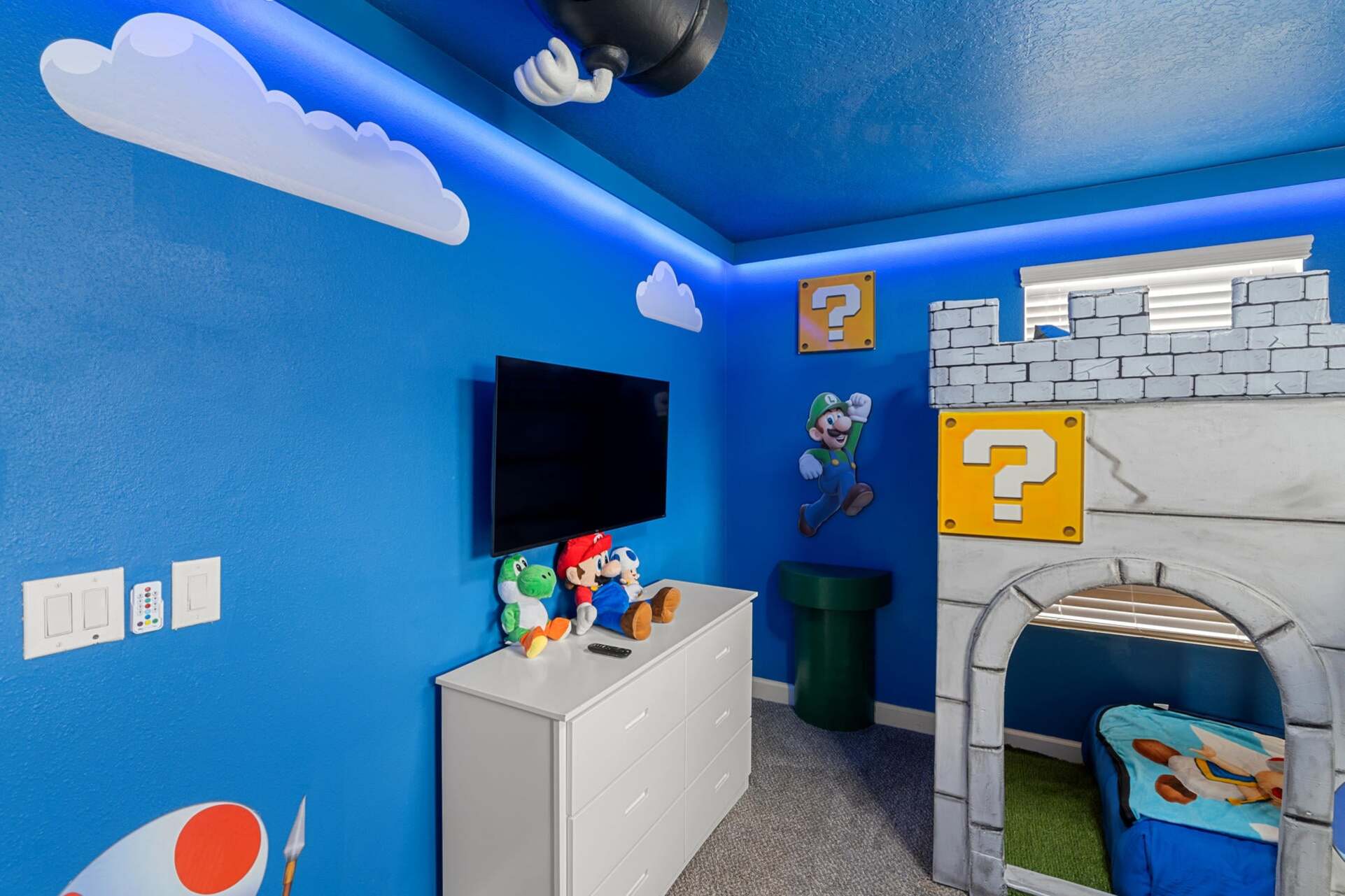 Twin/Twin Bunk + Twin Bedroom 4 Upstairs 43" Roku TV + 32" Roku With game Console Mario Theme