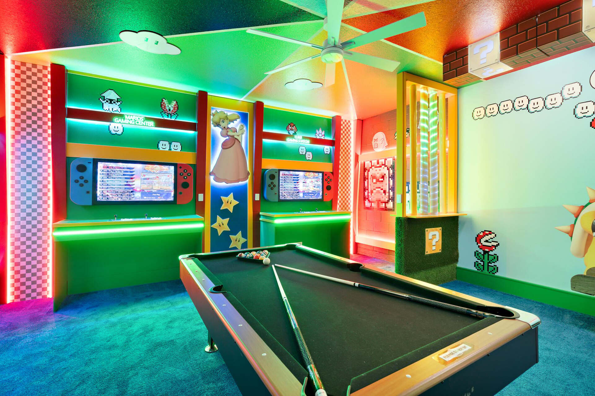 Game Room 50" Roku TV Pool Table 2/42" TVS With 2 Game Controls 2 Video Arcades Billards Ball Game