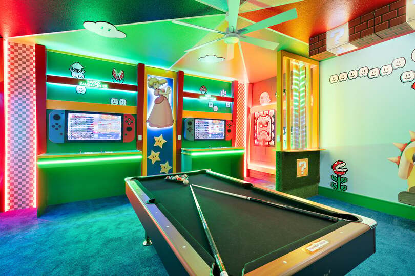 Game Room 50" Roku TV Pool Table 2/42" TVS With 2 Game Controls 2 Video Arcades Billards Ball Game
