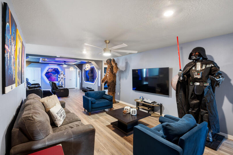 Loft Lounging/Gaming 75" Smart TV PS5 Star Wars Theme